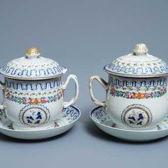 A pair of Chinese famille rose covered bowls on stands, Qianlong