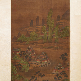 Ecole chinoise, signé Yuanbian Xiang (1525-1590), encre et couleurs sur soie: 'Paysage d'après Zhao Boju'