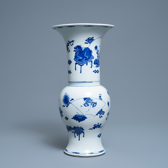 A Chinese blue and white yenyen vase with antiquities and mythical beasts, Kangxi