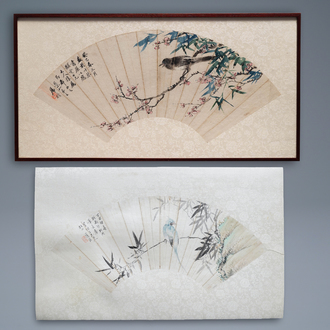 Lian Xi (1816-1884), inkt en kleur op papier, gedat. 1877: 'Waaierschildering met een vogel'