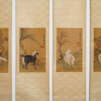 Ecole chinoise, d'après Zhao Mengfu (1254-1322), encre et couleurs sur soie, 19/20ème: 'Quatre chevaux'