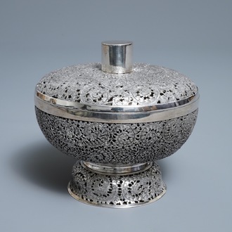 A Chinese or Vietnamese reticulated silver bowl and cover with glass inside, 20th C.