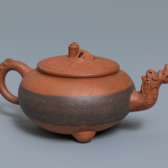 A Chinese Yixing stoneware dragon-spouted teapot and cover, impressed mark, 19/20th C.