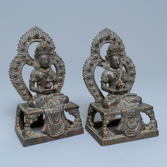 A pair of Sino-Tibetan bronze figures of Buddha Amitayus, Qianlong