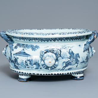 An exceptional Dutch Delft blue and white chinoiserie jardinière, late 17th C.