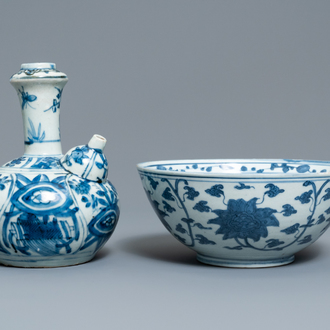 A Chinese blue and white kendi and a 'lotus scroll' bowl, Ming