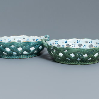 Two reticulated polychrome Brussels faience baskets, 18th C.