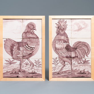 Une paire de tableaux de carreaux en faïence de Delft en manganèse à décor d'un coq et d'une poule, 18ème