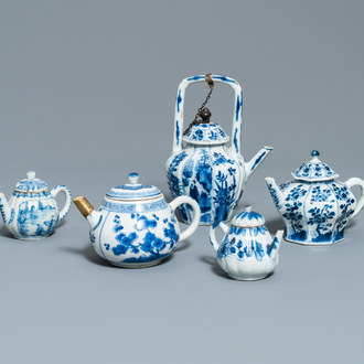 Five Chinese blue and white teapots and covers, Kangxi