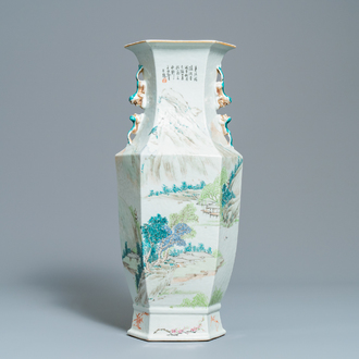 A Chinese hexagonal qianjiang cai landscape vase, 19/20th C.