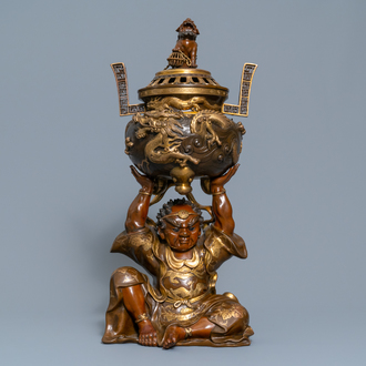 A large Japanese parcel-gilt bronze okimono of Benkei holding a koro or incense burner, attr. to Miyao Eisuke, Meiji, ca. 1900