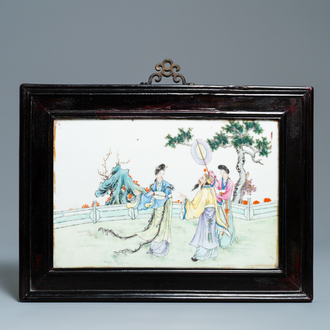 A Chinese famille rose plaque with figures in a garden, Republic