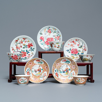 Five Chinese famille rose cups and saucers, Yongzheng/Qianlong