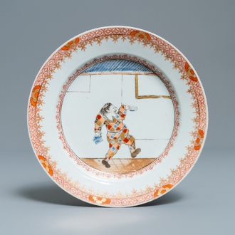 A Chinese 'South Sea Bubble' plate with the Commedia dell'arte figure Harlequin, Kangxi/Yongzheng