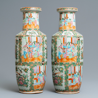 A pair of Chinese Canton famille rose rouleau vases, 19th C.