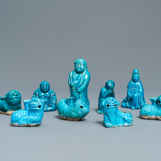 Nine Chinese turquoise-glazed figures and water droppers, Kangxi and later