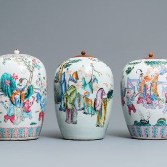 Three Chinese famille rose and qianjiang cai jars, 19/20th C.