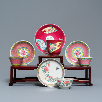 Four Chinese famille rose cups and saucers, Yongzheng/Qianlong