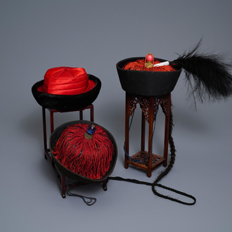 Three Chinese Mandarin officials' court hats, Qing