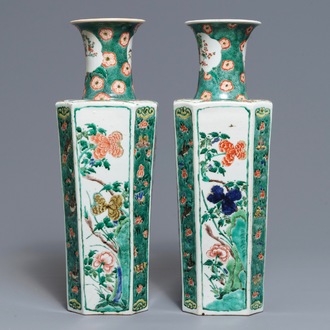 A pair of Chinese famille verte vases with birds and flowers, Kangxi