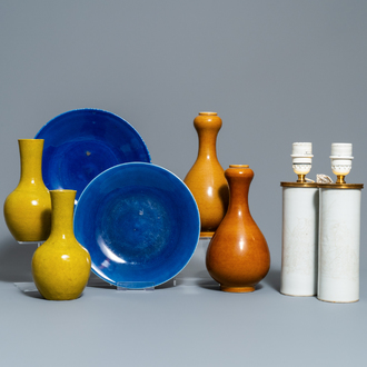 Three pairs of Chinese monochrome vases and a pair of dishes, 19/20th C.