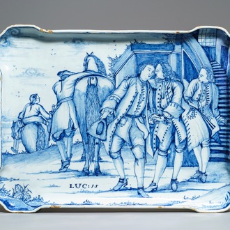 Een blauw-wit Delfts presentoir met 'De terugkeer van de verloren zoon', 18e eeuw