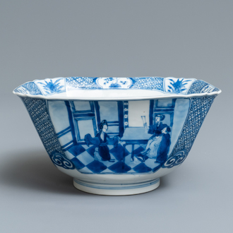 A square Chinese blue and white bowl, Xuande mark, Kangxi