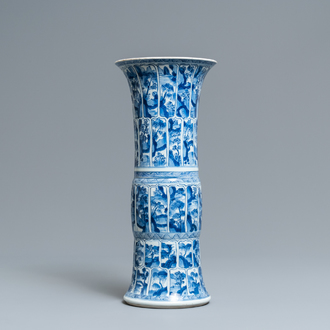 A Chinese blue and white 'gu' vase with landscape panels, Kangxi