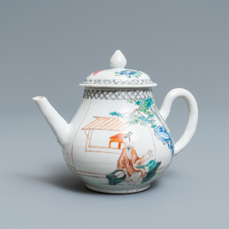 A Chinese famille rose teapot with ladies in a garden, Yongzheng