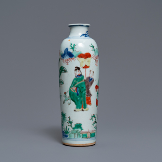 A Chinese wucai rouleau vase with figures in a landscape, Transitional period