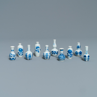 Ten Chinese blue and white miniature vases, Kangxi