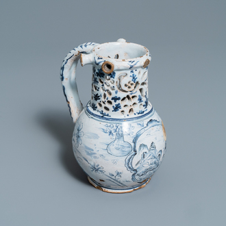A blue and white Lille faience puzzle jug, 18th C.
