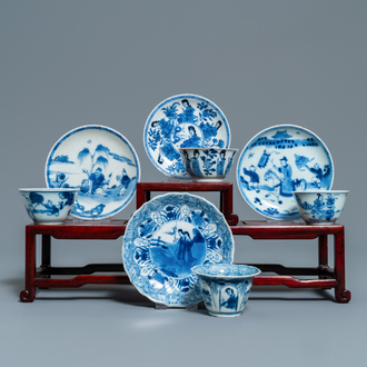 Four Chinese blue and white cups and saucers, Kangxi