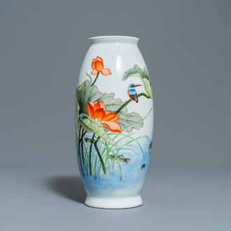 A polychrome Chinese 'kingfisher on lotus flower' vase, Qianlong mark, 20th C.