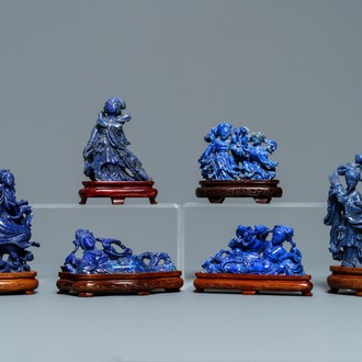 Six groupes en lapis lazuli sculpté, Chine, 20ème