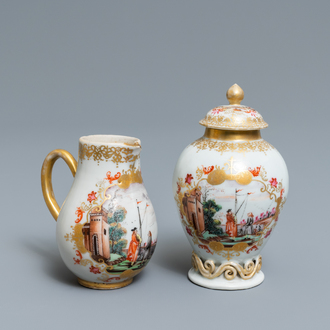 A Chinese famille rose and gilt Meissen-style tea caddy and milk jug, Qianlong