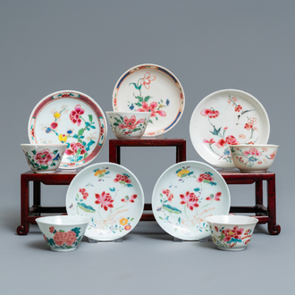 Five Chinese famille rose cups and saucers, Yongzheng/Qianlong