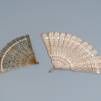 Two Chinese filigree and enamelled silver fans, 19th C.