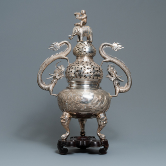 An exceptional large Chinese inscribed silver tripod censer on stand, 19th C.