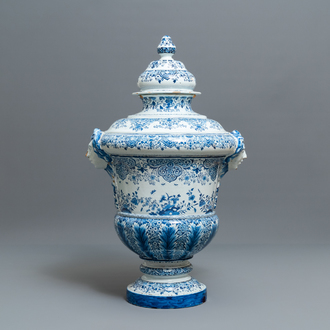 A massive Dutch Delft blue and white urn and cover, 19th C.