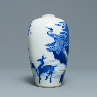 Een Chinese blauw-witte vaas met herten en kraanvogels, Kangxi