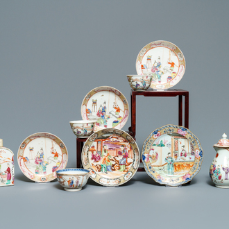 Dix pièces en porcelaine de Chine famille rose à décor mandarin, Qianlong