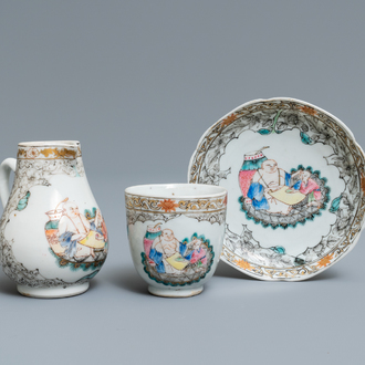 A Chinese famille rose and grisaille cup and saucer with matching jug, Yongzheng