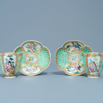 A pair of Chinese quadrilobed Meissen-style AR-marked cups and saucers, Tongzhi