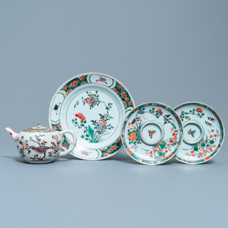 Two Chinese famille verte cup stands, a teapot and a plate, Kangxi