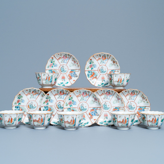 Seven Chinese famille rose cups and saucers, Xianfeng mark and of the period