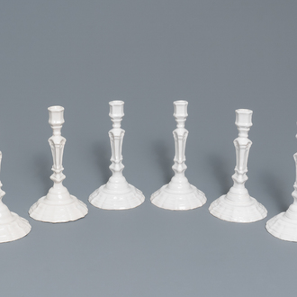 A set of six white Delftware candlesticks, France, 18th C.