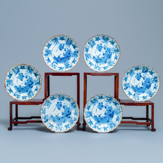 Six Chinese blue and white lobed plates with ducks and butterflies, Kangxi