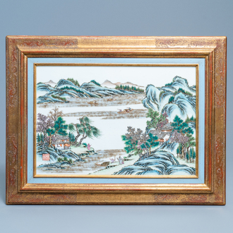 A Chinese rectangular famille rose 'landscape' plaque, Qianlong mark, 19/20th C.