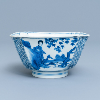 A square Chinese blue and white bowl, Chenghua mark, Kangxi